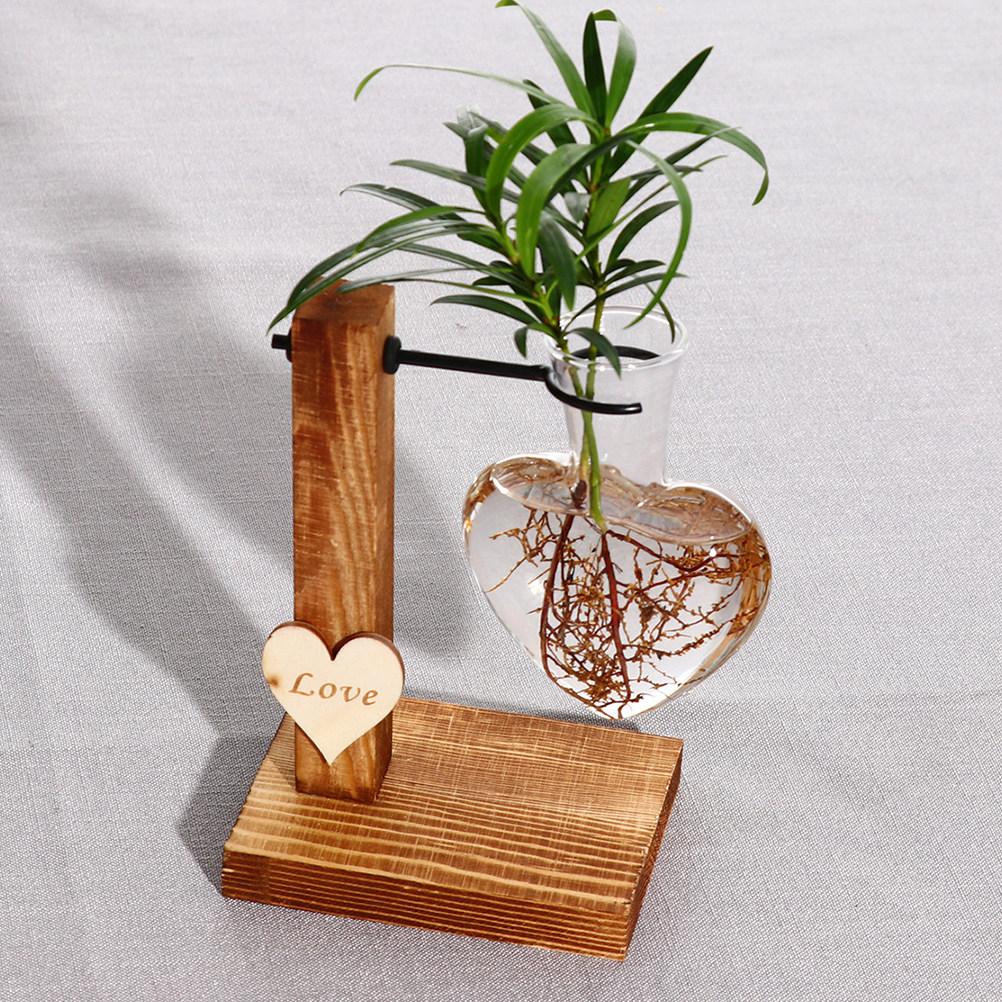 Love Hydroponic Glass Vase Wooden Flower Arrangement Transparent Container for Dried Plants Flowers Home Decor Perfect Gift