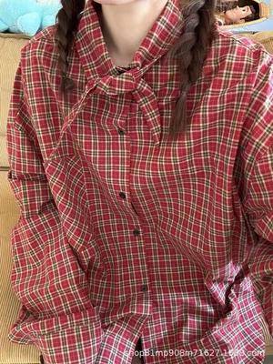 Amerikanische Retro Damen Rotes Karomuster Langarm Hemdjacke - Petite, Lockere Passform, Frühjahr/Herbst Kollektion 2025