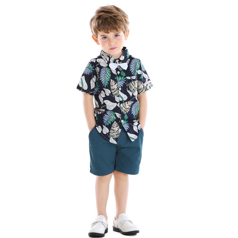 Blumenblatt-Print Kurzarm-Hemd Set für Jungen - Europäischer & Amerikanischer Stil