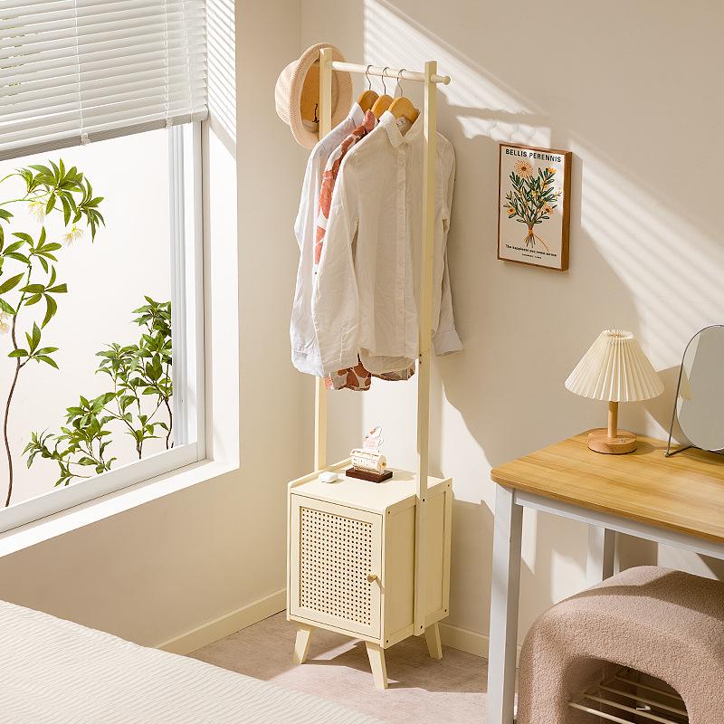 Bedroom Small Apartment Solid Wood Floor with Drawers, Bedside Table, Integrated Hanger, Household Coat Rack with Bedside Table