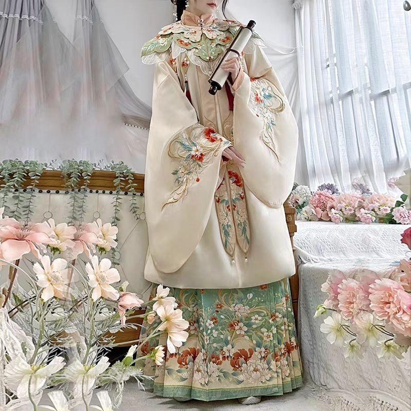 Ming Dynasty Style Hanfu Set Women With Embroidered Cloud Shoulder Wide Sleeve Top Horse Face Skirt