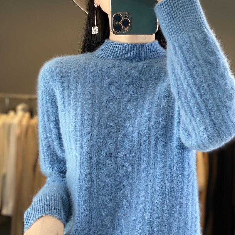 Women's Vintage Cable Knit Wool Sweater, Semi-High Neck, Long Sleeve, Thickened Cashmere, Loose Fit