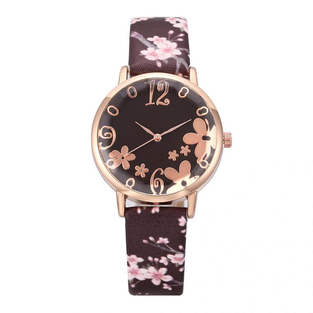 Orologio al quarzo da donna con cinturino in pelle analogico con quadrante rotondo floreale creativo