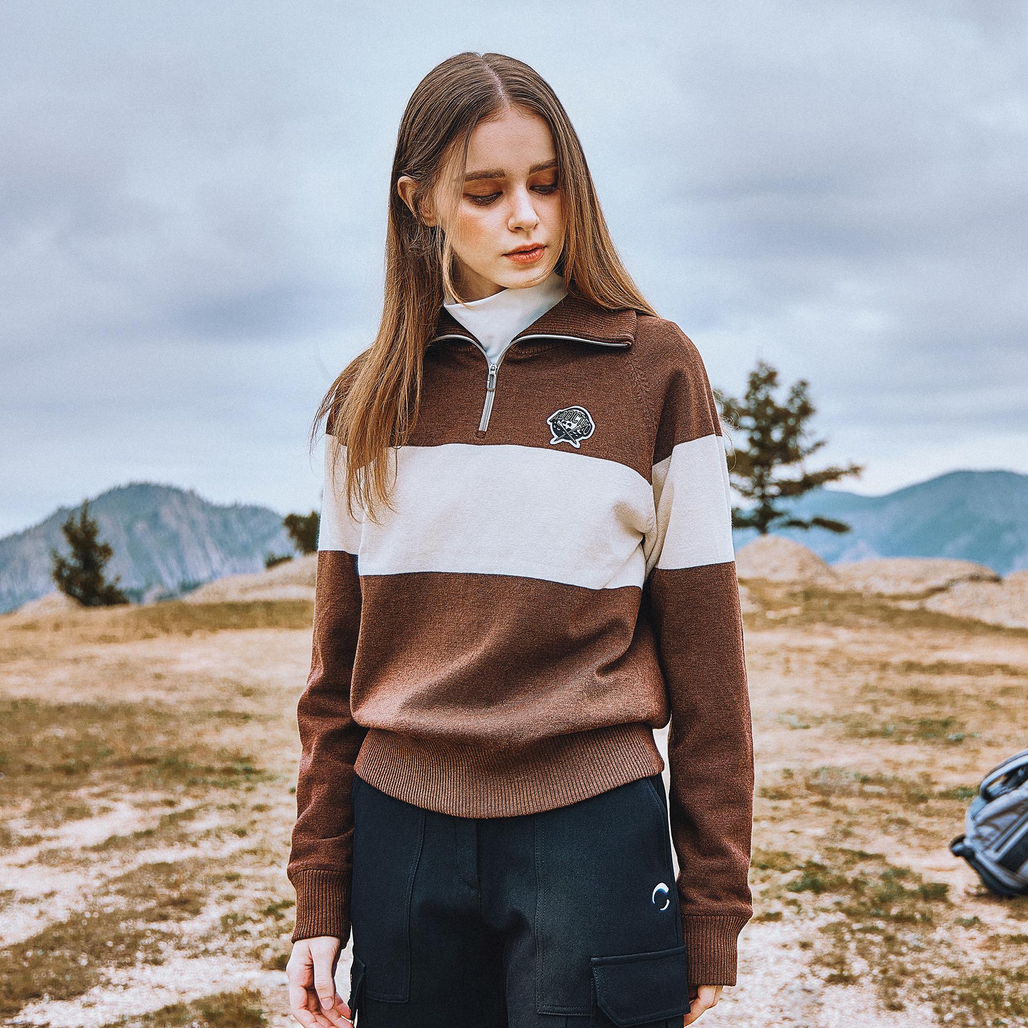 Challenger Women S Colorblock Raglan Half-Zip Windproof Knit Pullover Brown Br(Brown)/S