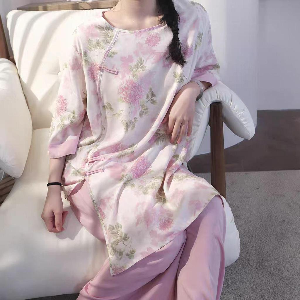 Women's Summer Lyocell Cotton Pajama Set: Chic National Wind Design, Wearable Outside, Luxurious Feel