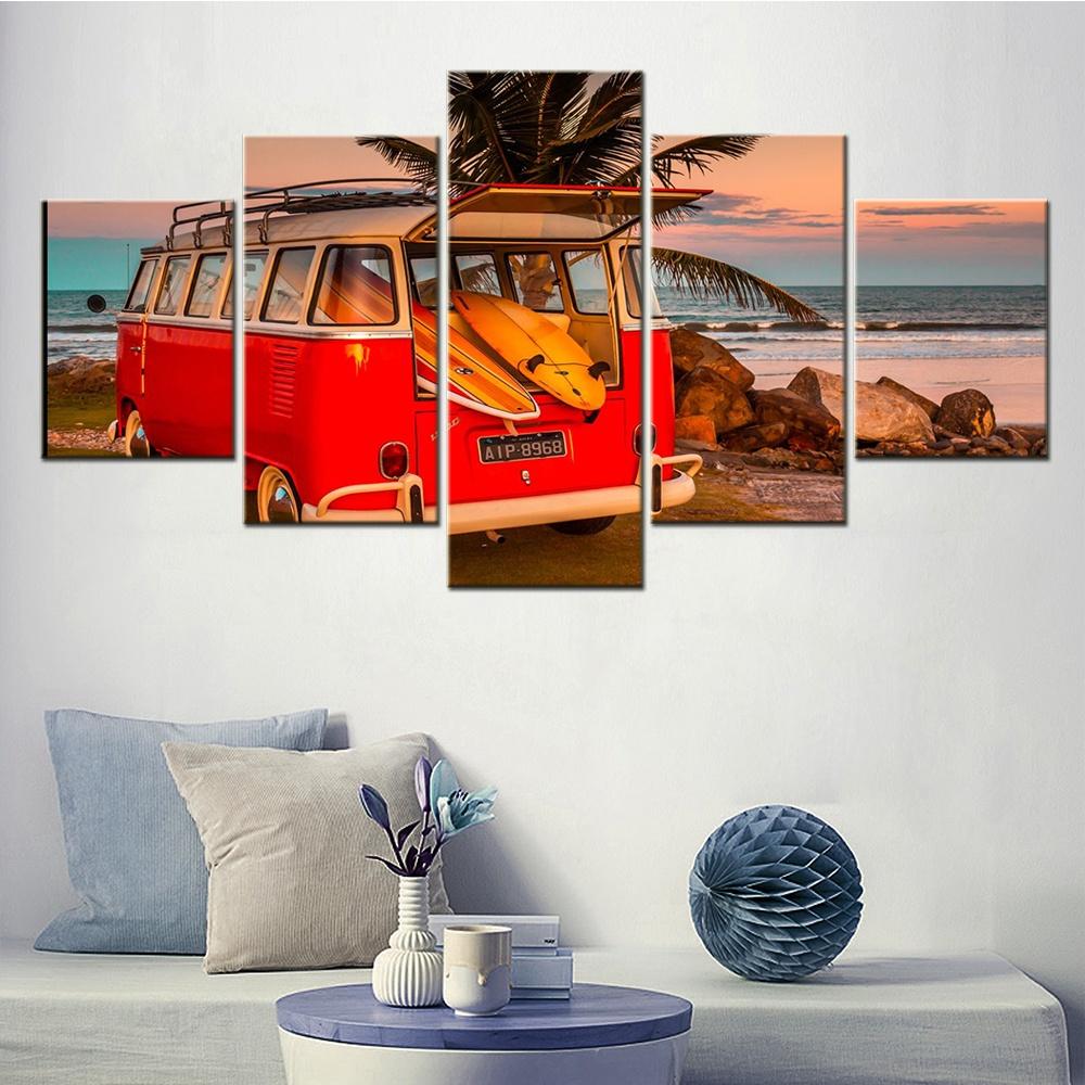 5 Pieces Canvas Arts Home Decoration Painting Landscape Surf Van Red Car Poster Wall Pictures For Living Room Interior Artwork