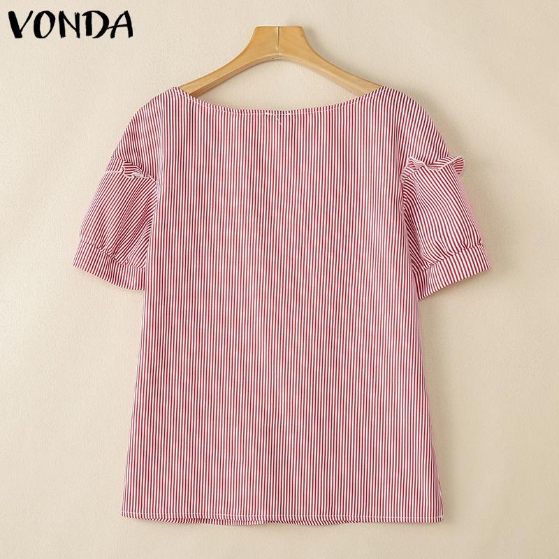 VONDA Women Summer Ruffled V Neck Short Sleeve Striped Casual T-shirts Tops