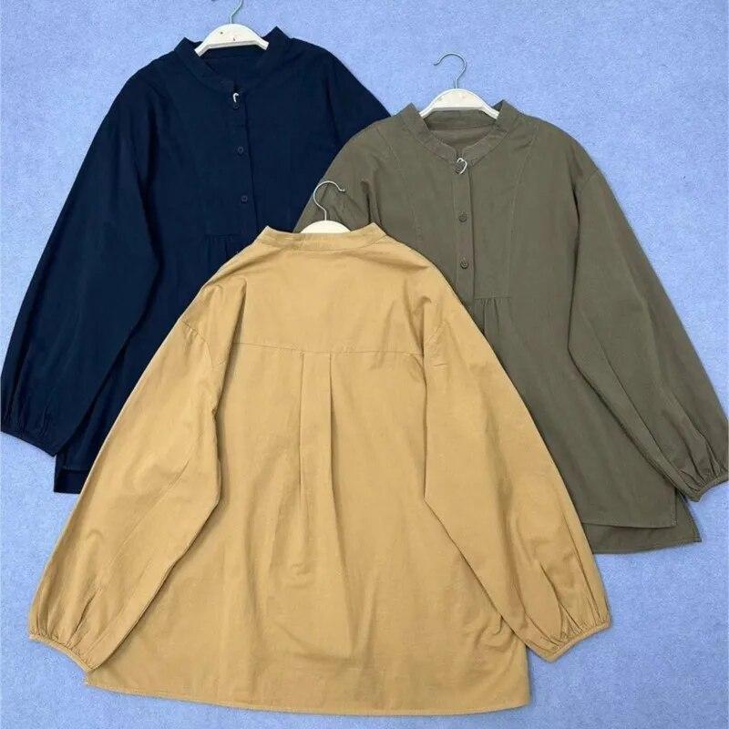 Johnature весенние японские рубашки с воротником-стойкой — фото 3