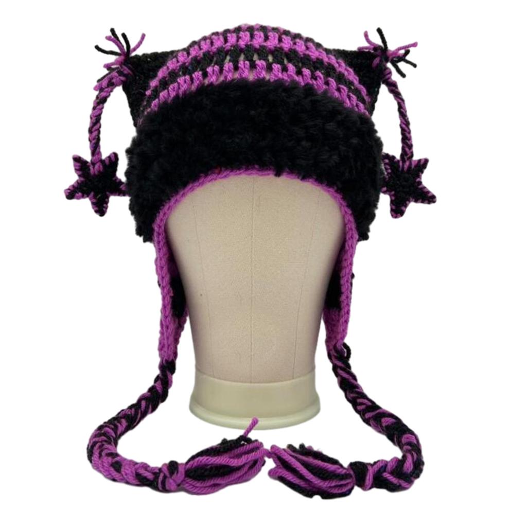 Cartoon Kitten Hat Girls Headgear for Outdoors Activities Skiing with Mini Ears Crocheted Beanie for Skiing Camping