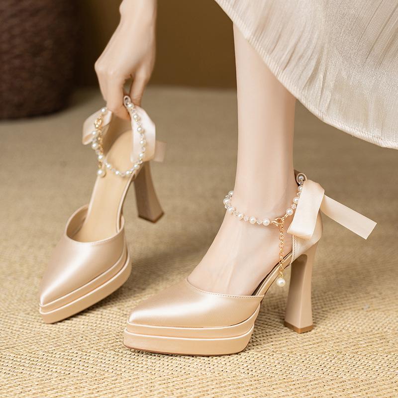 

High heels thick heel small waterproof table not tired feet fairy wind pearl straps bridal wedding shoes with wedding dress 40