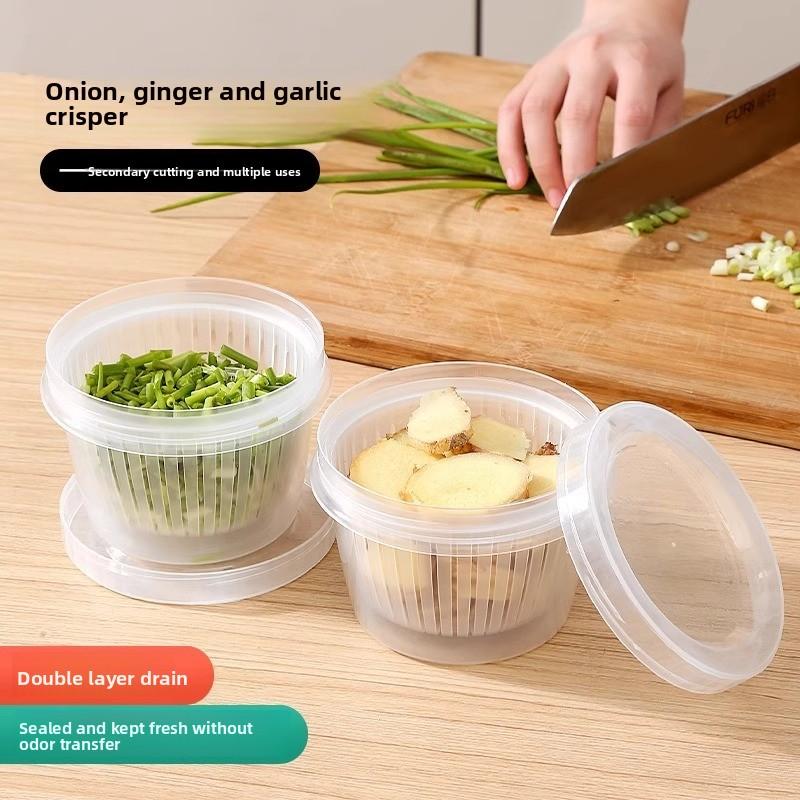 Refrigerator Small Ingredients Round Vegetable Preparation with Lid Drain Kitchen Onion, Ginger and Garlic Cooler