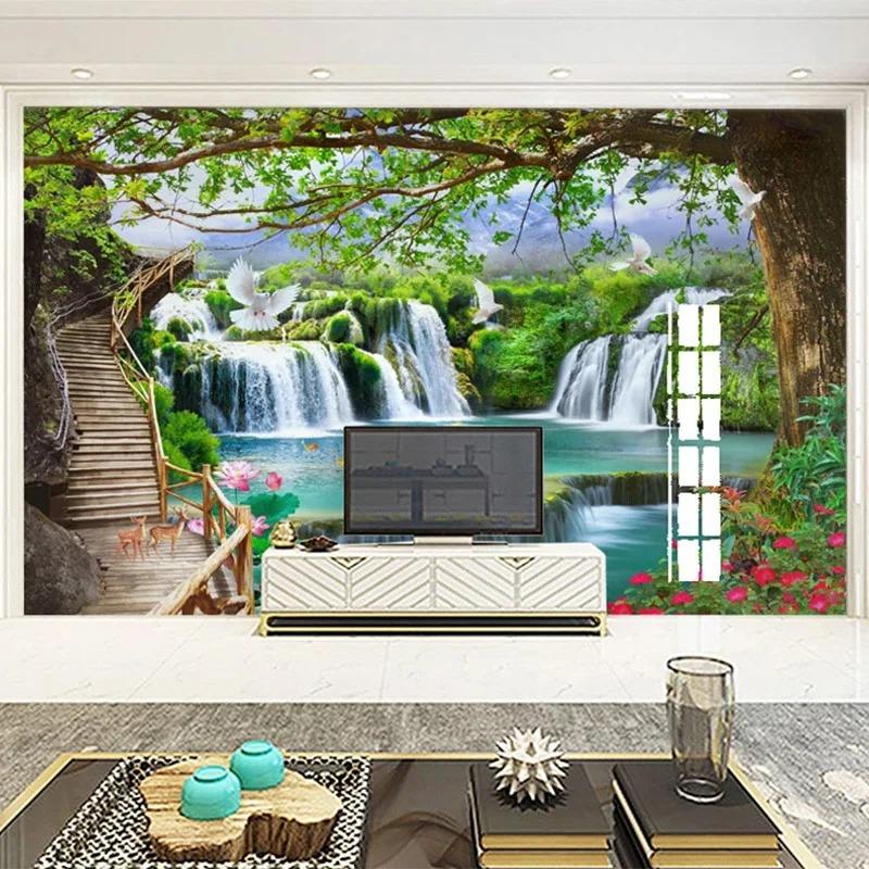Modern Mural 3d Green Tree Wallpaper Waterfalls Landscape Murals Living Room Bedroom Home Decor 3d Wall Mural
