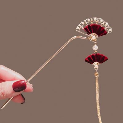 Čínský styl červený vějíř střapec vlasová tyčinka Hanfu oblečení hůlky sponka do vlasů přívěsek nový vintage elegantní vlasové doplňky pro ženy
