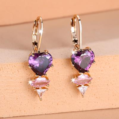 Fashion Purple Zircon Heart Drop Earrings for Women Gold Color Loop Dangle Earrings Wedding Party Jewelry Gift