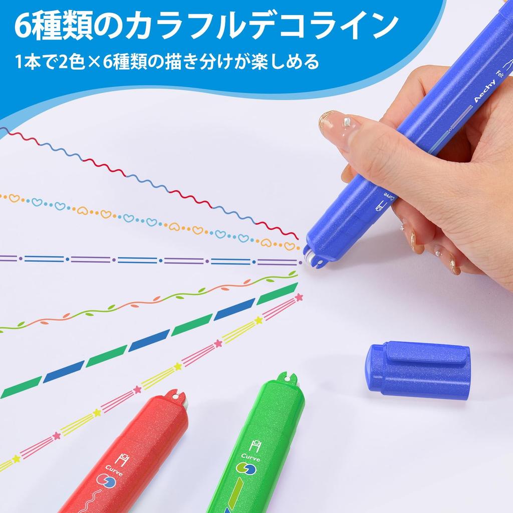 Aechy Curved Line 6 Twin Roller Stamp Glitter Felt for and School Office Stationery Pen, 2-Color Marker, Patterns, Water-Based Head, & Tip,