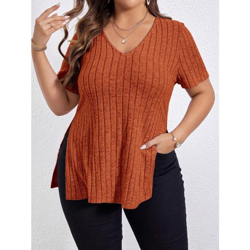 Women S Plus Size V Neck Short Sleeve Slit Pullover T Shirt