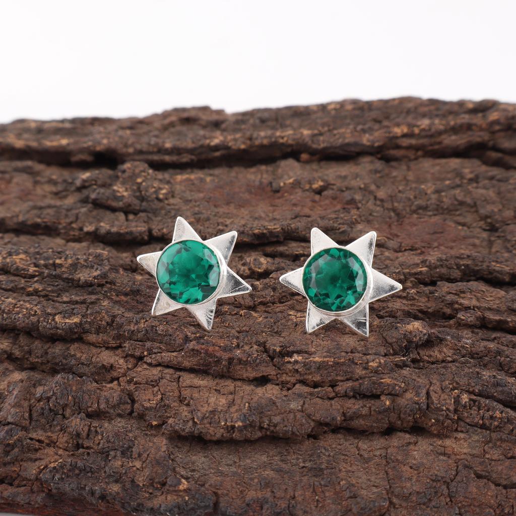 Green Emerald Gemstone Earrings Jewelry, Handmade Beautiful Star Stud Silver Earrings, 925 Sterling Silver Jewelry For Wedding Gift