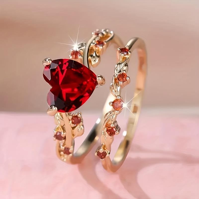 2 Pcs of Fashionable Red Color Heart Inlaid Zircon Double-layer Rings, Suitable for Women's Valentine's Day Party Jewelry Gifts