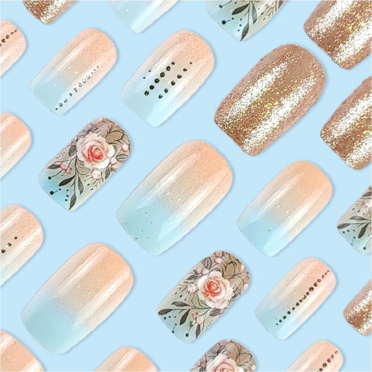 24Pcs Square Fake Nail Press On Nail Artificial Nail False Nail Glues On Nail with Flower Designs French Nail Tips