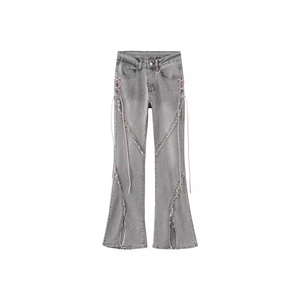 Lady Summer Distressed Raw Edge Gerade Hose Split Denim Flare Pants Frau Koreanischer Stil Hohe Taille Bandage Jeans