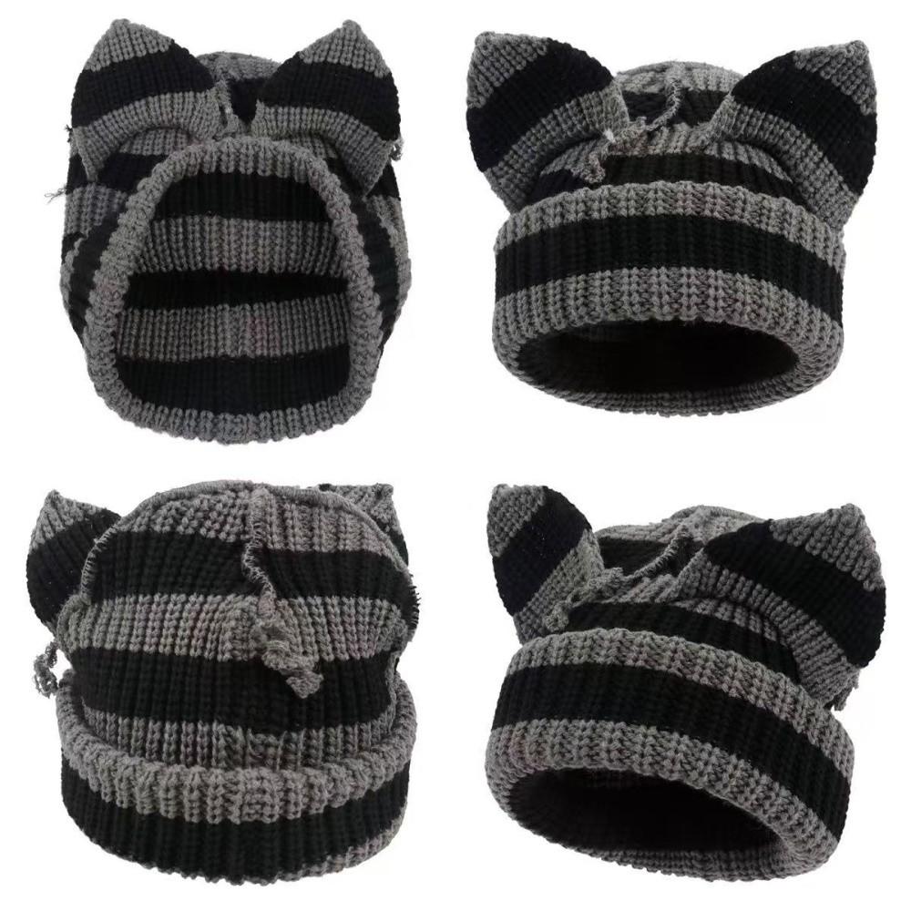 Y2K Harajuku Cat Ear Beanie Yarn Striped Beanie New Knitted Skull Cap Women and Men