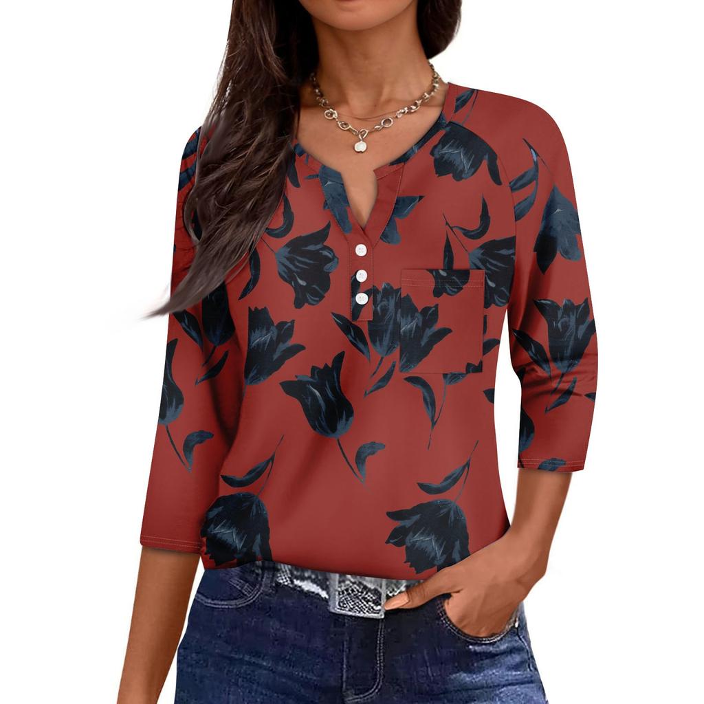 Women's Casual Fashion V-neck Loose Versatile Floral Print Three-quarter Sleeves