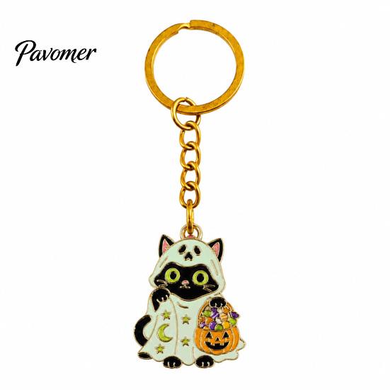 Cat Hanging Ornament Halloween Cartoon Black Keychain, Glow-in-the-Dark Ghost Costume Keychain Keyring, Enamel Kitten Backpacks Decorative Accessory,