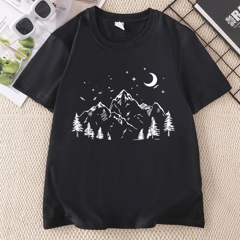 Minimalist Mountain T Shirt Nature Lover Tee Moon Mountain Graphic Tee Hiking TShirt Casual Round Neck Printed Tshirt Clothes