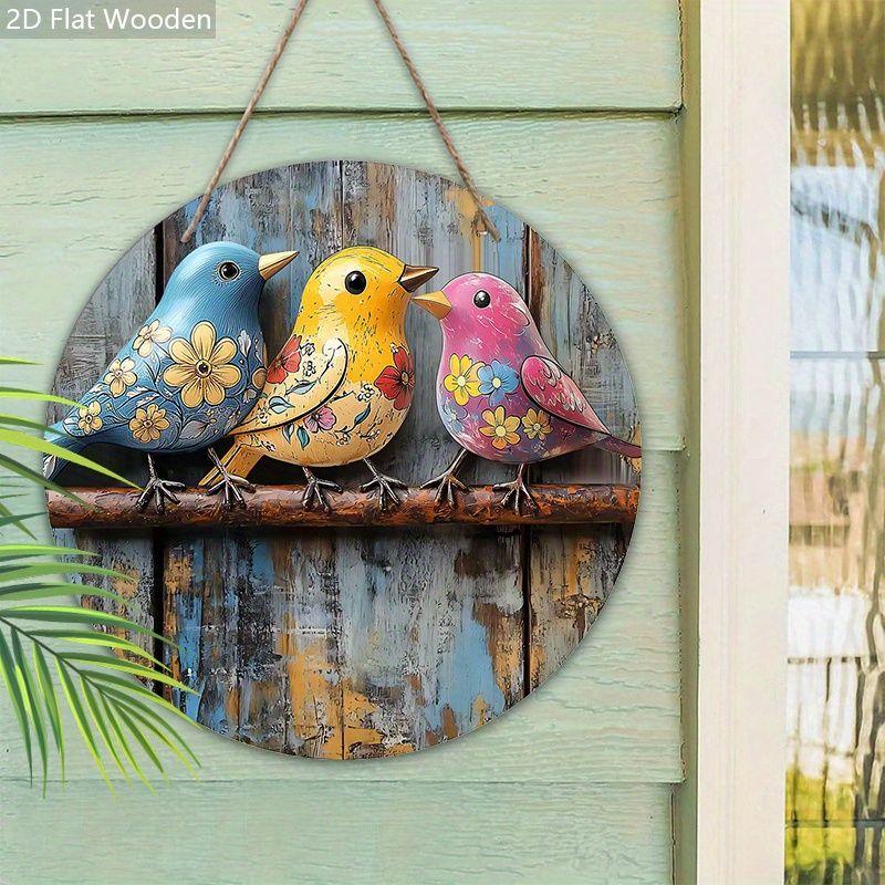 2D Flat Wooden Hanging Decorative Sign, Family Wall or Door Decoration, Garden Decoration, Three Colorful Birds Pattern, Holiday Gifts for Friends