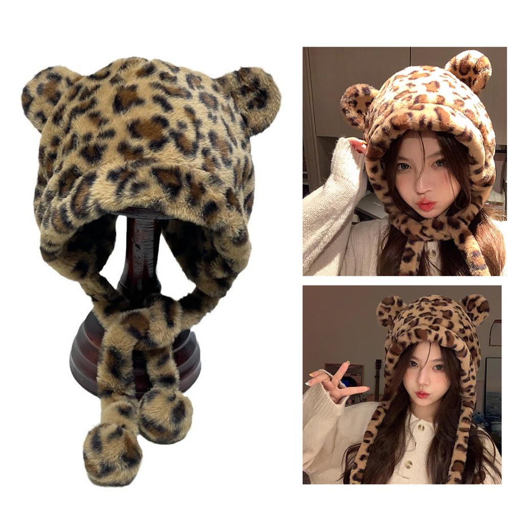 Leopard Bear Ear Caps for Teens And Women Windproof Thicken Skull Hat Warm Pullover Hat Outdoor Winter Activity Headwear