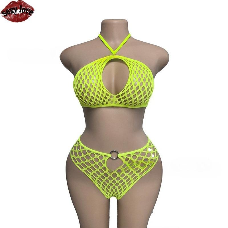 Sexy Love Underwear Perspective Split Two Piece Set Fishing Net Hollow Neck Hanging Loop Bikini Lingerie for Women Micro Bikini