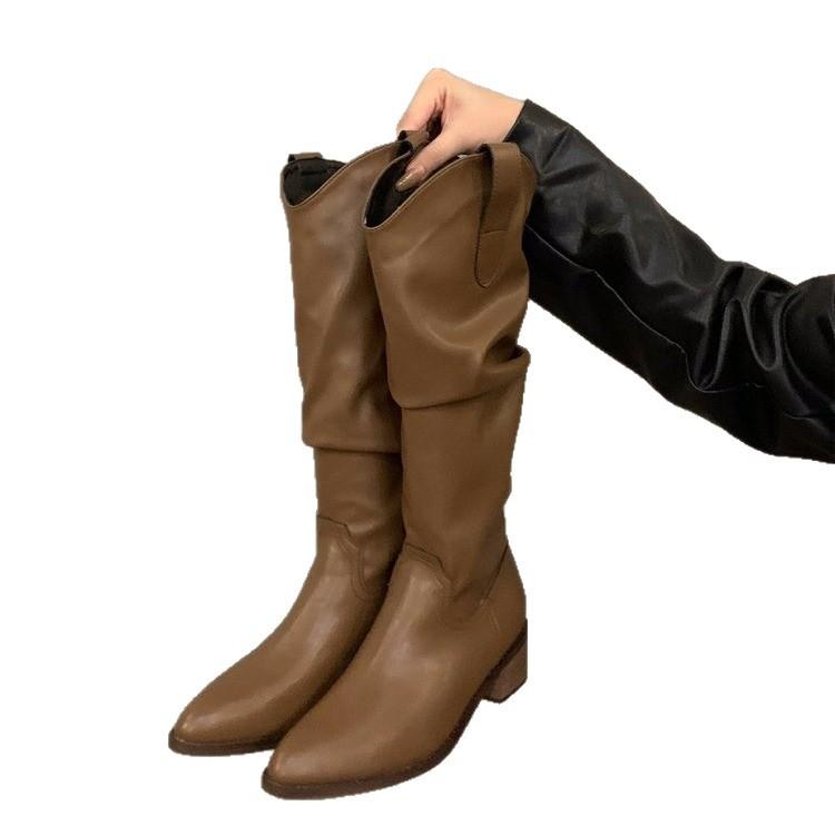 Tjock Klack Vintage Brun V-Mund Pile Mellanhöga Stövlar Damskor 2025 Sommar Spetsiga Western Cowboy Stövlar