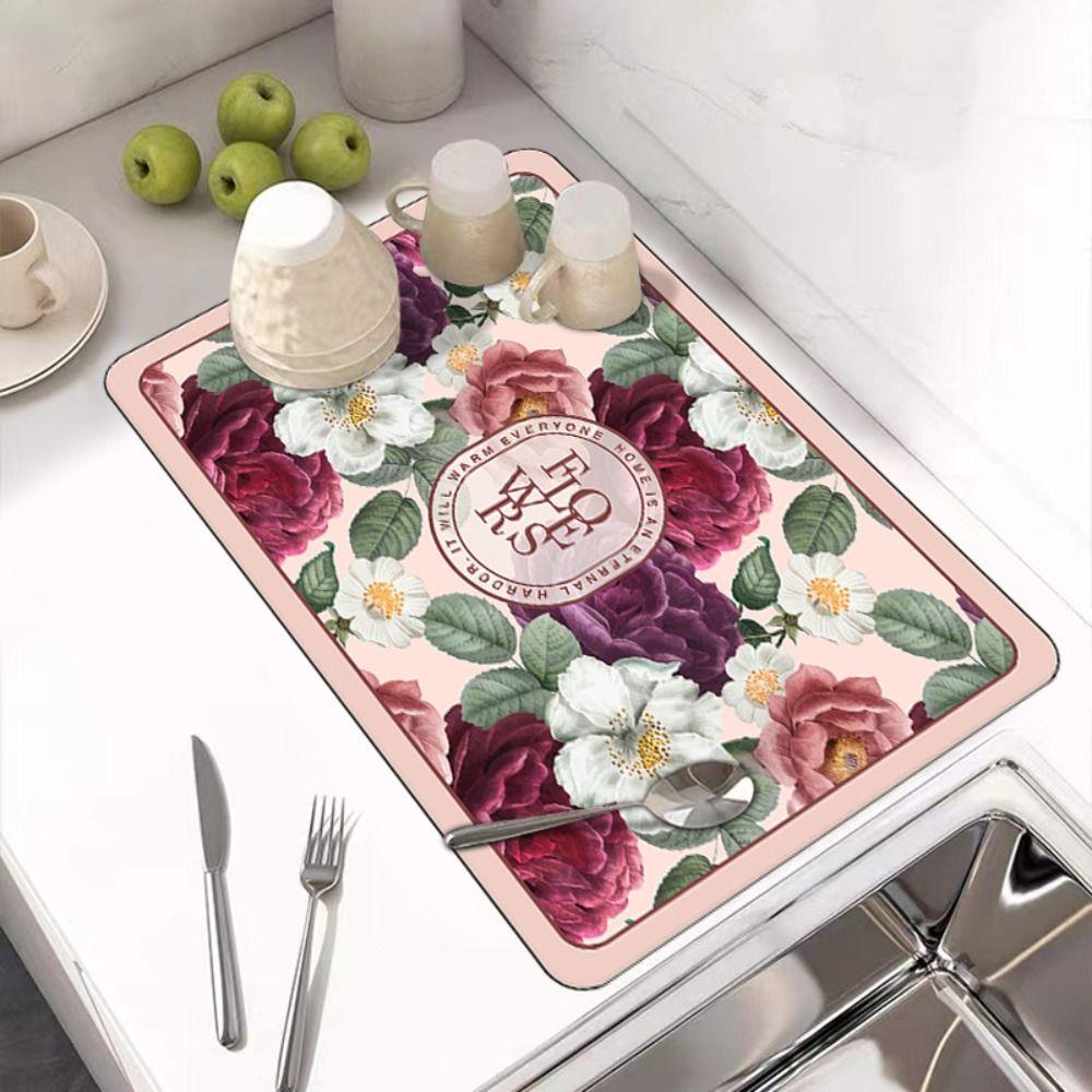 Flower Print Draining Mat Super Absorbent Drain Pad Table Mat Dish Drying Mat  Table Decor