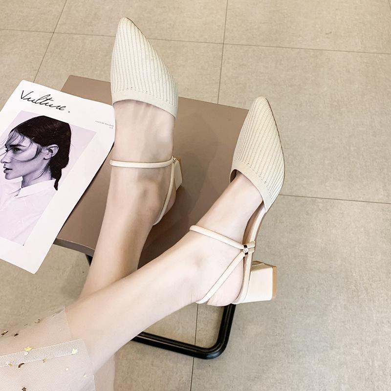 Summer New Women Pointed Slippers Fashion Minimal Knit Baotou Chunky Heel Sandals Sexy Elegant Ladies High Heels 35 белый 3190₽