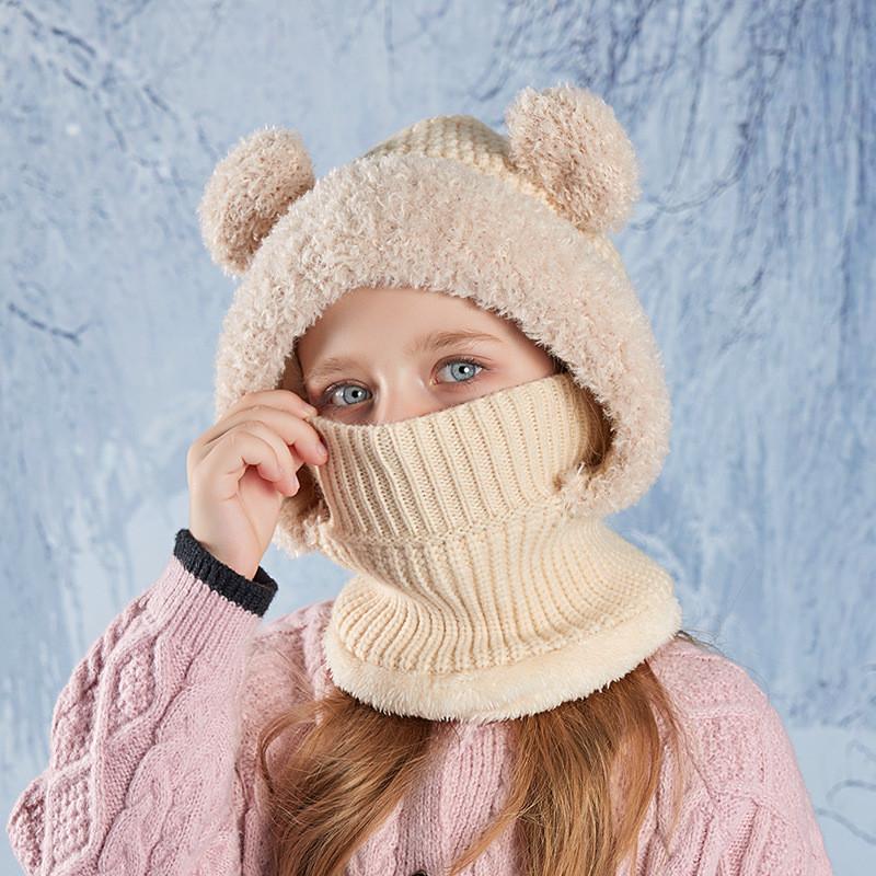Kids Animal Ear Beanie With Integrated Face Mask For Winter Outdoor Warmth бежевый