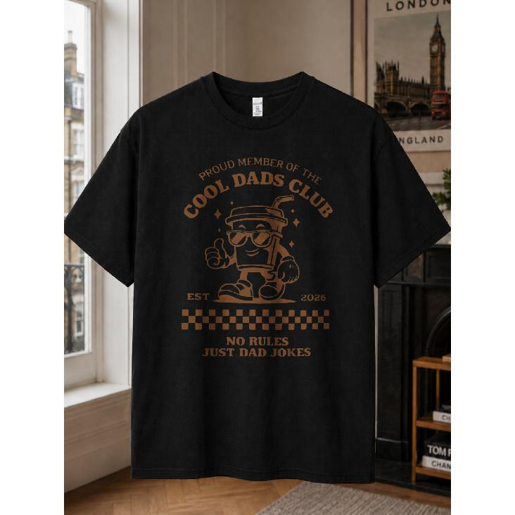 Men s Cool Dads Club T-Shirt with Fun Dad Jokes & Cartoon Design - Cotton Loose Fit Round Neck Casual Shirt Suitable for Fathers Day Gifts, Spring S чёрный