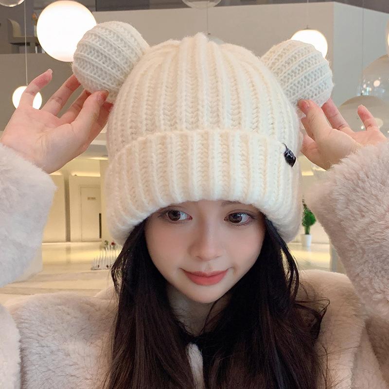Cat Ear Knitted Hat for Women In Autumn and Winter Warmth and Thick Ear Protection Winter Style Cute Face Showing Small Ins Student Wool Hat