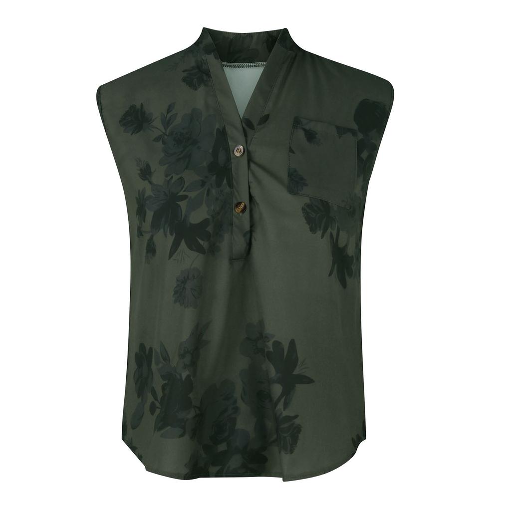 Damska Moda Casual Bluzki z Dekoltem V Drukowane Koszulki Bez Rękawów Pulower T-shirty