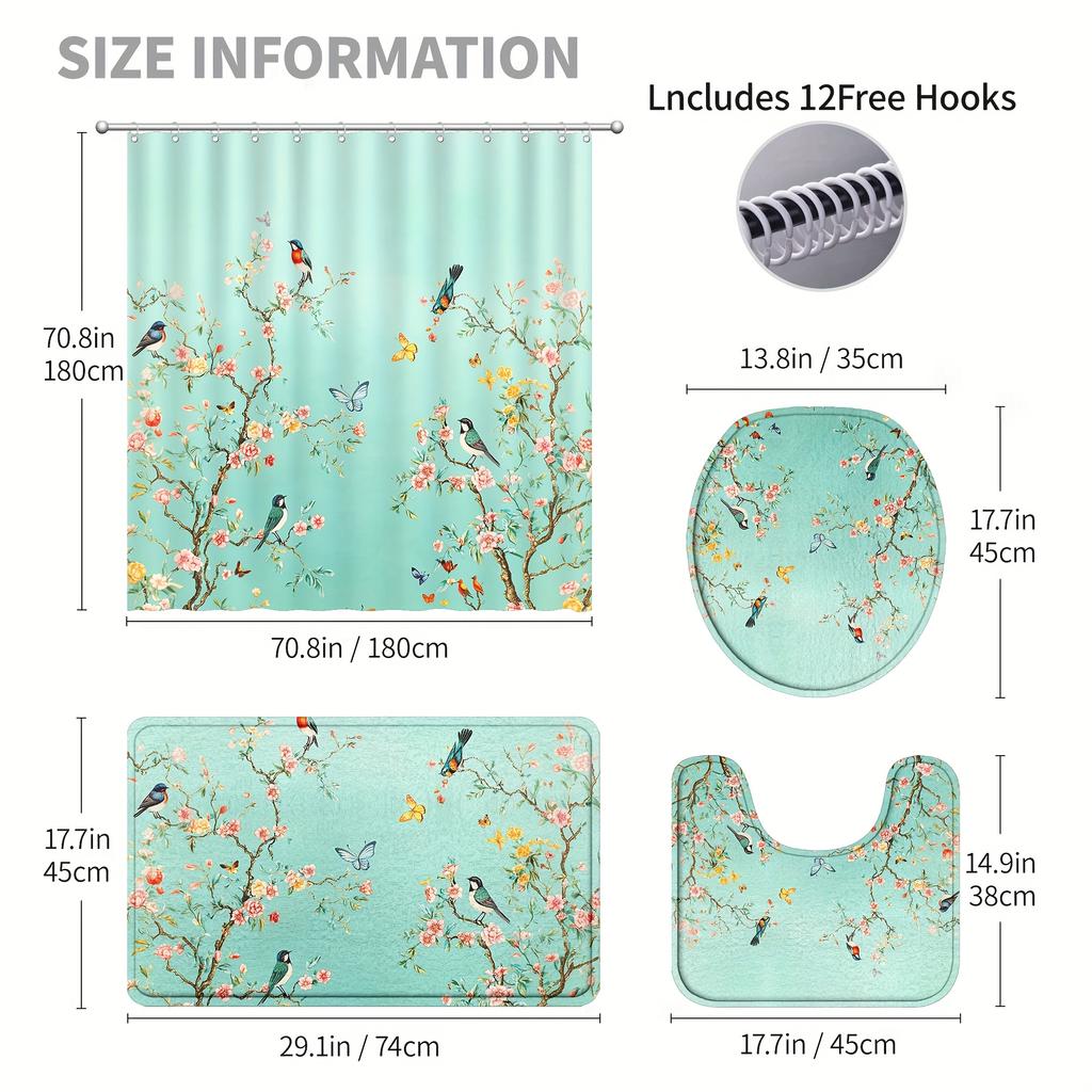 Set 4 buc. Perdea de Duș de Lux cu Flori, Păsări și Fluturi, Impermeabilă, Set Decorativ pentru Baie, Covor Antiderapant, Husă pentru Toaletă, Covoraș de Baie și 12 Cârlige