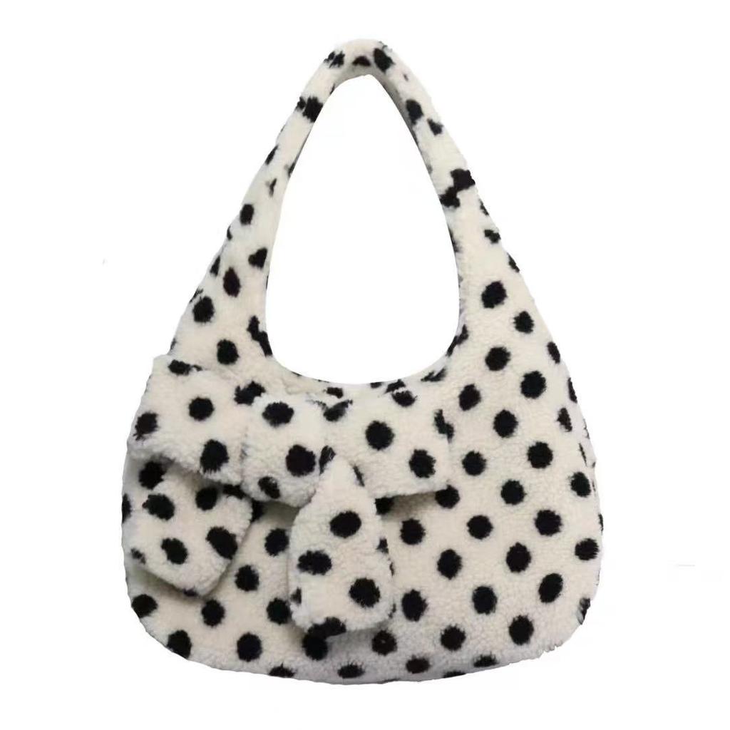 Fashion Polka Dot Hobo Bag Creative Bow Design Shoulder Bag Soft Plush Crossbody Bag Women Winter Large Capacity Commute Handbag