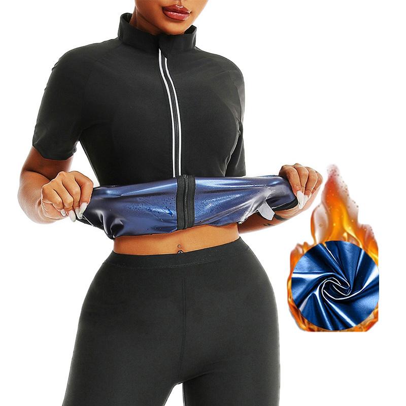 MrifDila Women Sauna Suit Jackets Body Shaper Sweating Short Sleeve Sweat Suit Gym Sweating Top Full Zip Up Sweat Jackets Heat