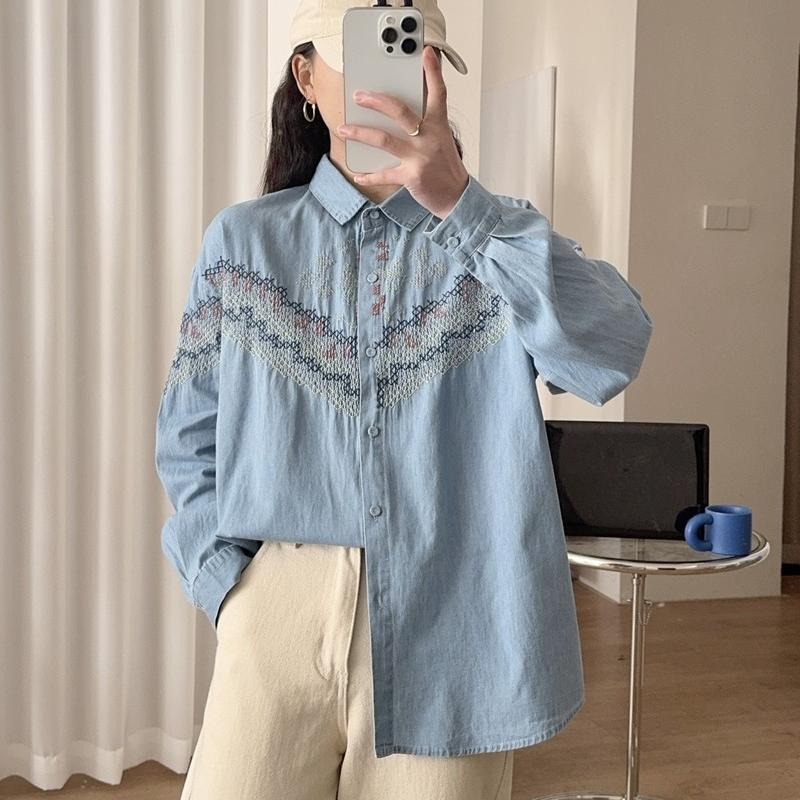 

Вышитая рубашка из стираного денима с длинными рукавами, женская весенне-осенняя симпатичная однобортная джинсовая кофта-кардиган one size