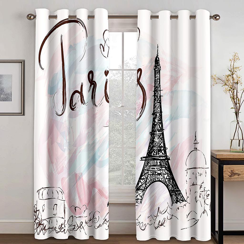 Cartoon Romantic Pink Paris Effiel Tower GirlWindow Curtains Drapes for Kids Bedroom Living Room Kitchen Door Home Decor 2Pieces