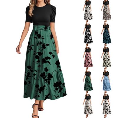 Women's Fashion Casual Belt Short Sleeve Round Neck Floral Stitching Elegant Temperament Dress