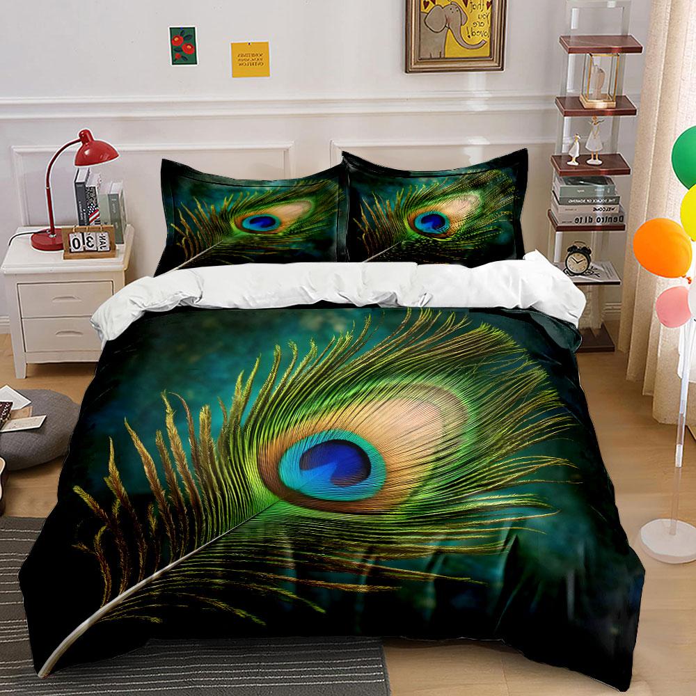 "Elegant Peacock Feather Set Décor" Kid's and Adults' Bedroom Decor, Exquisite Three-piece Bedding Set Gift