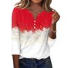 Women's Casual Christmas Print V Neck Button Up 3/4 Sleeve T Shirt Top