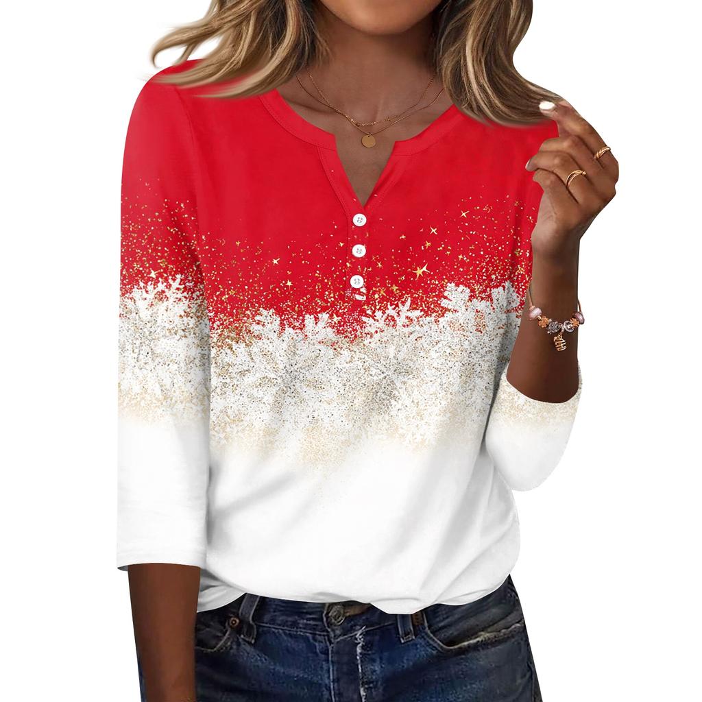 Women's Casual Christmas Print V Neck Button Up 3/4 Sleeve T Shirt Top