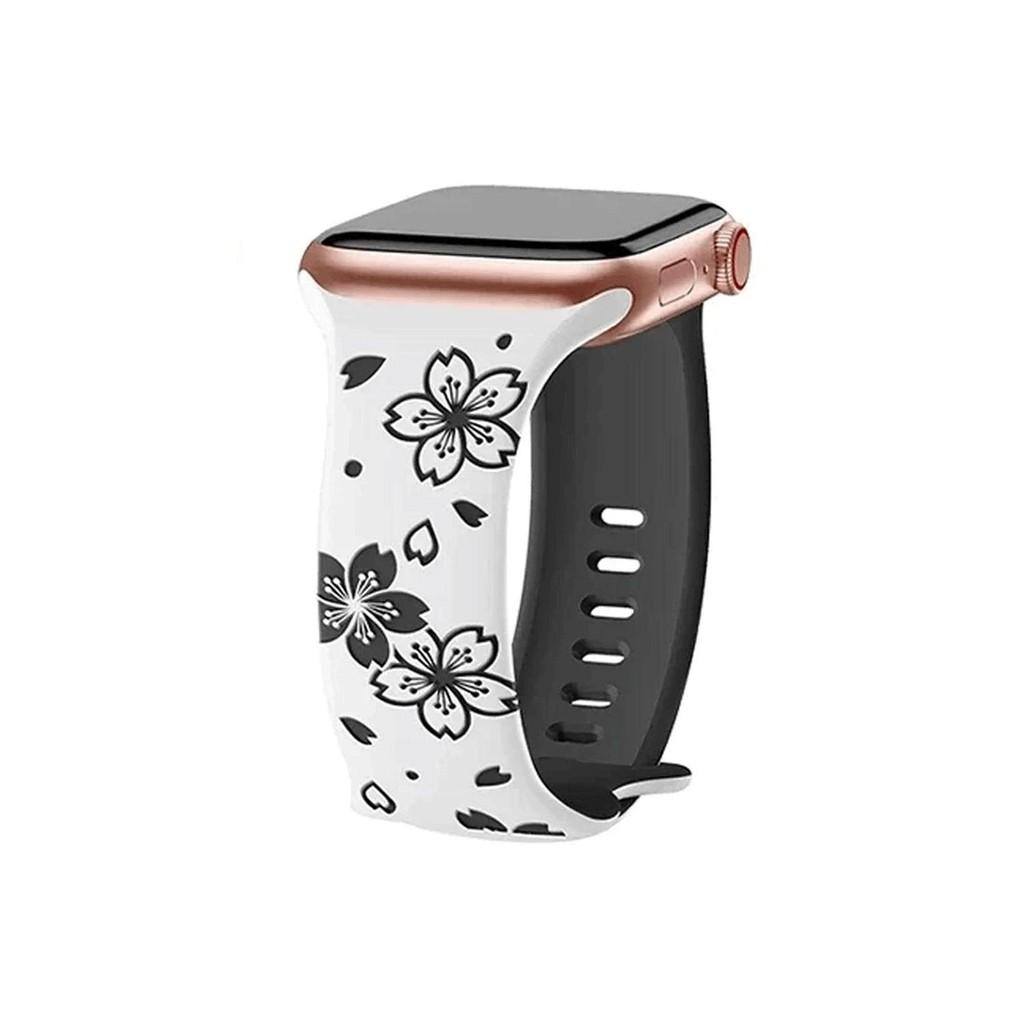 Silicone Band Engraved Floral Strap for Apple Watch 38mm 40mm 41mm 42mm 45mm 46mm 49mm iWatch Series 11 10 9 8 7 6 5 4 3 2 1 Se