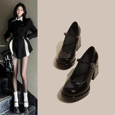 Kleine Lederschuhe Damen 2025 Frühling neu dicker Absatz dicke Sohle schwarz vielseitig höhenverstärkend Mary Jane High Heels