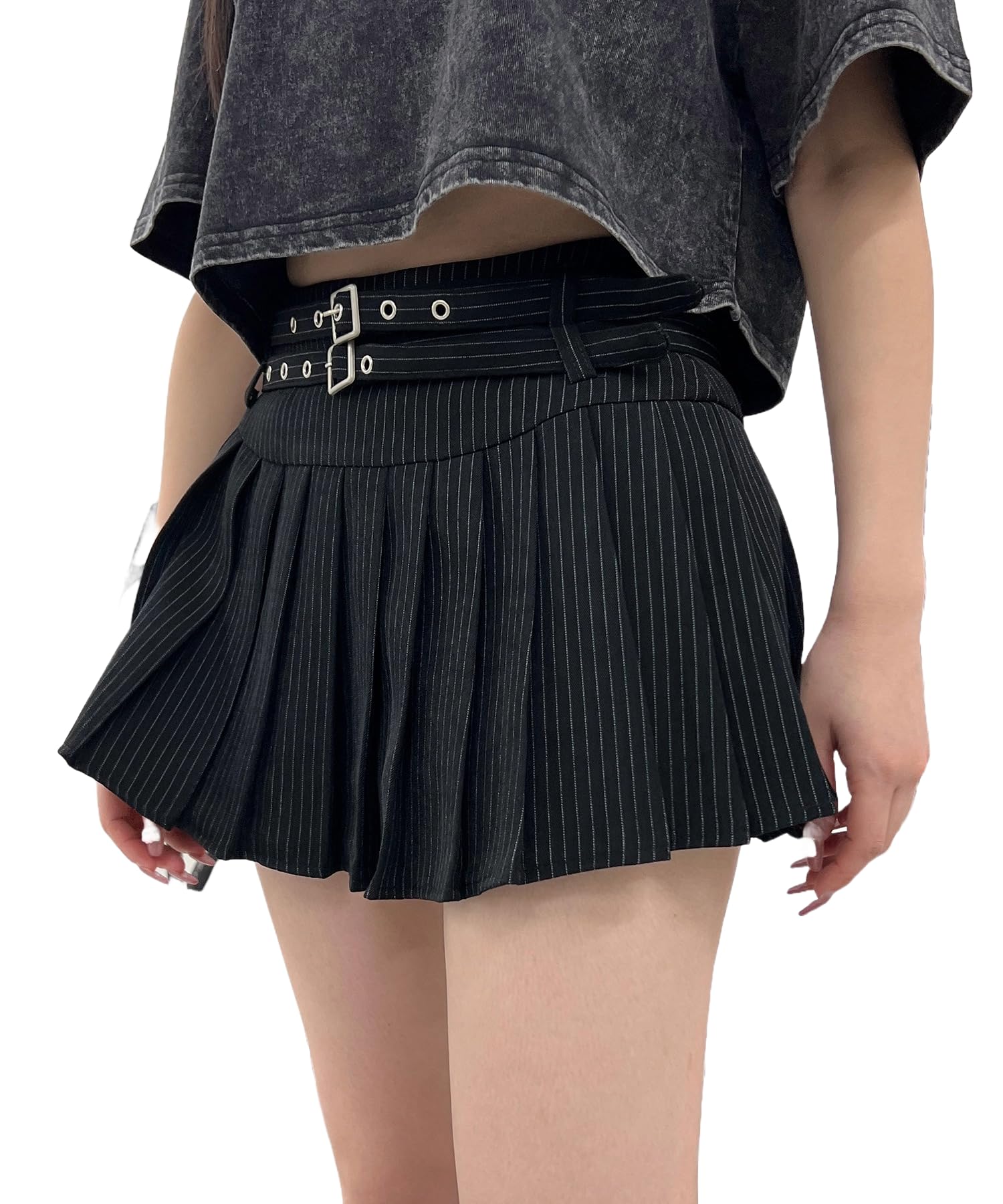 

WEGO Figments Double Belt Striped Pleated Mini Korean Size Black Skirt, Style, Women s, M, чёрный